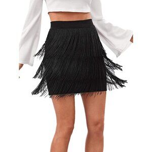 Women's Black Fringe Trim High Waist Short Pencil Bodycon Skirt